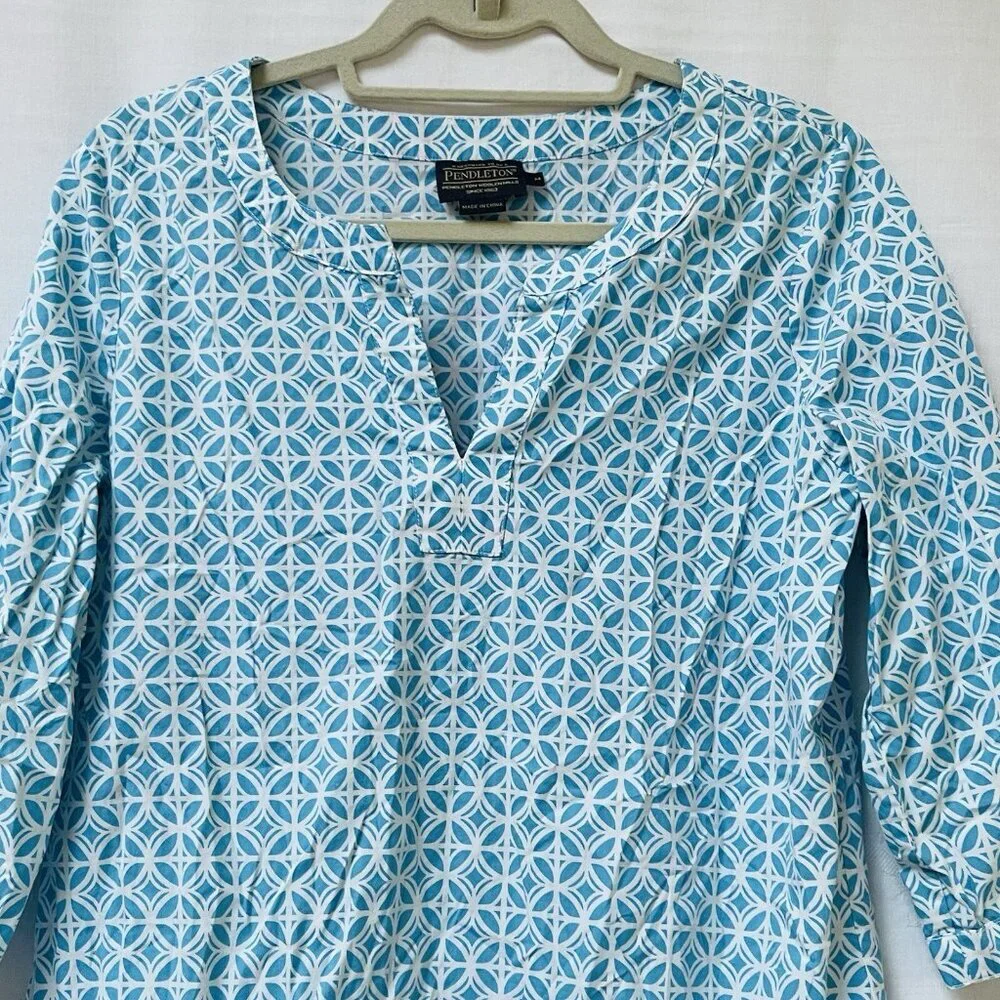 Pendleton Blouse Tunic Top Womens Medium Blue Cotton Pullover‎ 3/4 Sleeves Boho